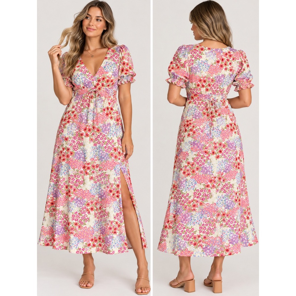 SO Floral Puff Sleeve Midi Dress Ivory Multi Pink Slit V-Neck JG22Y709RP Size M
